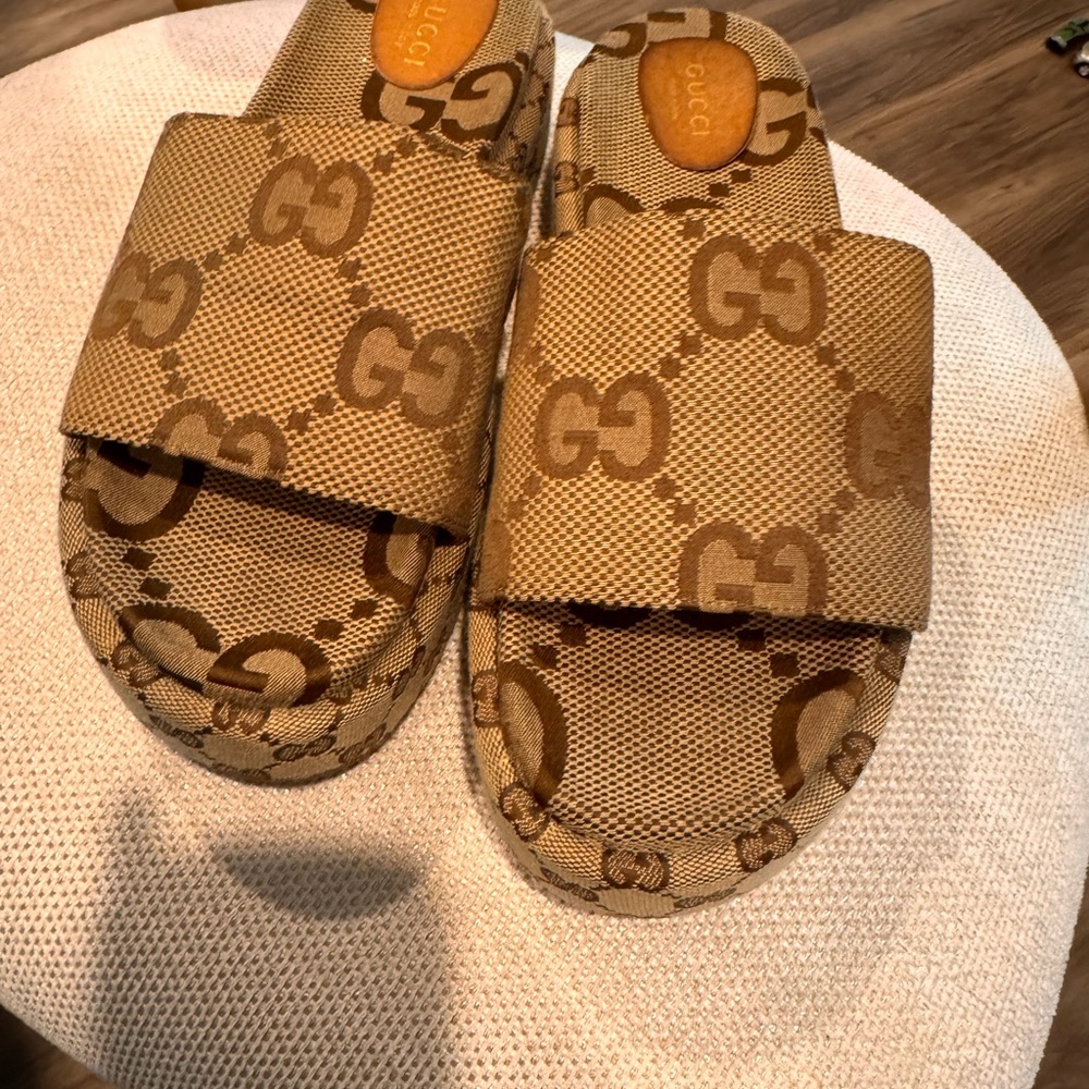 Gucci Tan Monogram Slide Sandals